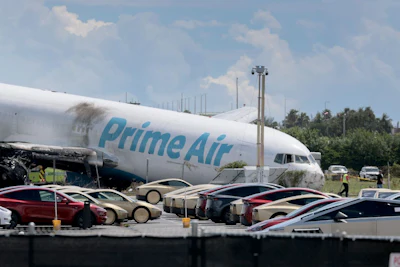 An Amazon.com cargo plane on Sept. 7, one day after it overran the runway at Miami International Airport in Miami. Photographer: Joe Raedle/Getty Images