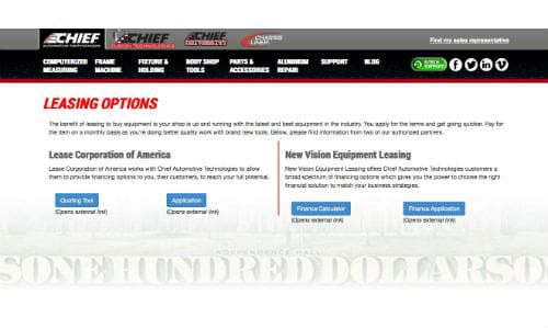 Chief Automotive Technologies has introduced new leasing tools to help collision repair facilities access new equipment without a high initial fee.