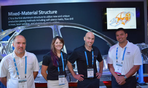 Representatives of Celette and GM at NACE with 'Skeletor,' the structure of the Cadillac CT6. From left: Stephane Jourdan, Jennie Lenk and Bastien Dias Da Costa of Celette and Joe Villanueva, Advanced Service Design Engineer for GM.