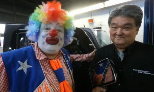 Doo doo the hero clown and Wayne Hosaki of Birchmount Collision.