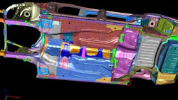 This diagram from Car-O-Liner shows the underbody fixturing points for the Cadillac CT6. The vehicle is of mixed material construction, making repairs complex.