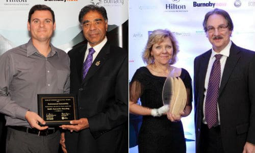 LEFT: Matt Reid accepting the finalist award for Environmental Sustainability. RIGHT: Teresa Reid accepting the Environmental Sustainability award on behalf of Reid&rsquo;s Automotive Recycling & Alloy Wheel repair from George Strappa, Dean of Business at Douglas College.
