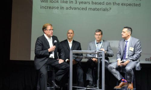 The CCIF Repairer Panel. From left, Bill Davidge of CARSTAR, Andy Neufeld of Fix Auto, Mark Roesch of CSN Collision Centres and moderator Joe Carvalho.