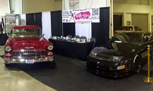 Ink & Iron&rsquo;s booth at Motorama. The shop brought two cars to the show: a 1955 Bel Air and a wide body 300Z.