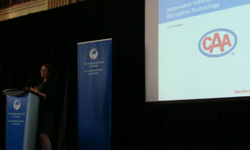 Dr. Julia Markovich, Senior Research Associate, Transportation and Infrastructure, for the Conference Board of Canada, presents findings from CAA regarind autonomous vehicles. Markovich was the primary organizer of the event.