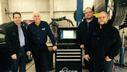 Training on the Eclipse system. From left: Roger Turmel of AutoQuip, Richard Marsh of CSN-Brimell, John Martinolich of Wedge Clamp Systems and Wayne James of AutoQuip.