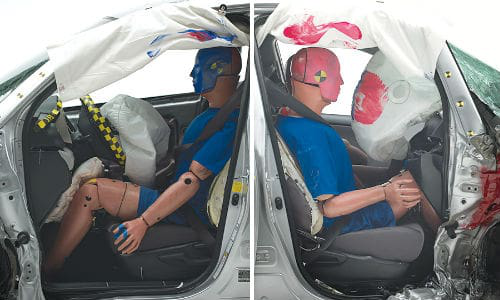 The structure of the Toyota RAV4 held up well in the driver-side small overlap test (left). In contrast, intrusion was severe in the passenger-side crash.