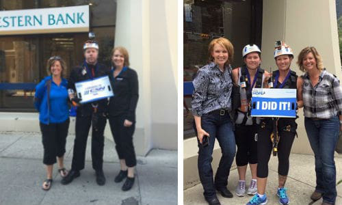 Rappeling for Make-A-Wish Canada in Calgary. LEFT: Steven Dupont of CSN-Lou's, with Trista Anger and Kari Barton of CSN. RIGHT: Anger and Barton flank Kristin Rankin and Anna Rose Anderson of CSN-Telkor.