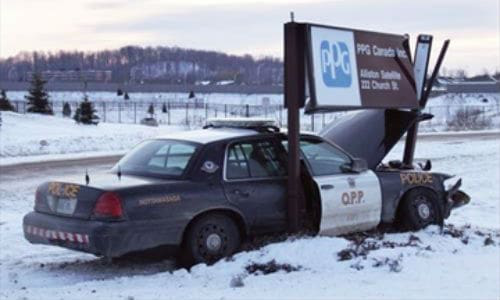 Police cars crash too. In fact, the nature of police and other emergency work may lead to higher-than-average accident rates.