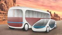 An artist's rendering of an autonomous vehicle connecting to a 'ZoomRoom.' Entire communities may be more or less permanently on the move in the future.