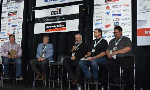 Training panelists at CCIF Vaughan, from left: Don MacKay of NBCC, Claude Viau of Centre d&rsquo;&eacute;tudes professionnelles Saint-J&eacute;r&ocirc;me, Paulo Santos of Centennial College, Scott Kucharyshen of Saskatchewan Polytechnic and Mark Deroche of BCIT. The discussion was moderated by Patrice Marcil of Axalta Coating Systems.