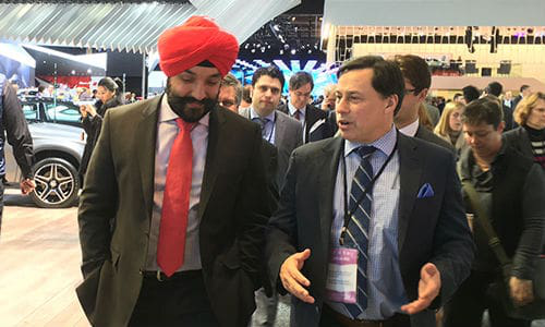 Navdeep Bains, Canada&rsquo;s Minister of Innovation, Science and Economic Development, and Brad Duguid, Ontario's Minister of Economic Development, Employment and Infrastructure at the North American International Auto Show in January. Both Bains and Duguid made funding announcements today at the Canadian International AutoShow.