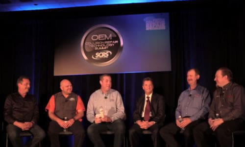 The aftermarket scanning panel at the SEMA Show. From left: Chuck Olsen of AirPro, Jason Bartanen of I-CAR, moderator John Ellis, Doug Kelly of CDS, Bob Pattengale of Bosch and Jason Gabrenas of Snap-on.
