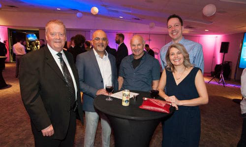 At the NSBA&rsquo;s 20th Annual Business Builder Awards gala. From left: Clay Dowling, owner of Ghost Transportation; Raj Kavia of CSN-Kavia Auto Body; Don Pogoda, one of the co-owners of Parr Auto Body; Chelsea Stebner, co-owner of Parr Auto Body and columnist for Collision Repair magazine and Mark Stebner.