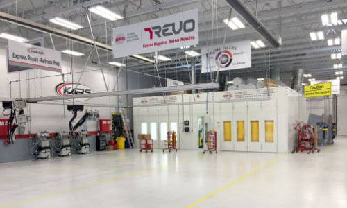 The double Ultra XR booth at Kirmac&rsquo;s Coquitlam&ndash;Schoolhouse location. The double booth allows cars to be painted on one side while coatings and filler are cured on the other.