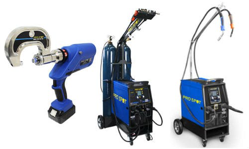 Pro Spot is offering free I-CAR training for Canadian shops that purchase the company&rsquo;s PR-5 Rivet Gun or its SP-5 (centre) or SP-2 Pulse MIG welders.