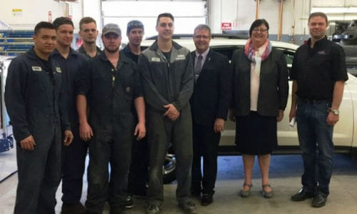 Students and instructors from Saskatchewan Polytechnic recently came together with executives from SGI to celebrate a partnership that sees SGI provide the school with total loss vehicles.