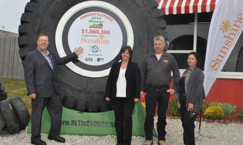 At the conclusion of last year's Tire Take Back event. From left: Rick Milne, Mayor of Alliston, Ontario; Nancy Sutherland, CEO of The Sunshine Foundation of Canada and Earl and Eileen Graham of Early&rsquo;s Auto Parts.
