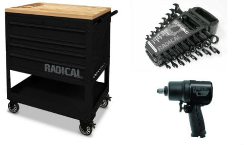 Some entries in the new Radical line from UAP. Clockwise, from left: Four-drawer service cart, ratcheting wrench set and impact wrench. The line also includes a combination wrench set, gloves and a toolbox.