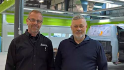 Albert Hutten, owner/operator of CSN-Blue Mountain Collision, and Osvaldo Bergaglio, President of Symach. CSN-Blue Mountain Collision has recently opened a new shop fitted with Symach's FixLine system.
