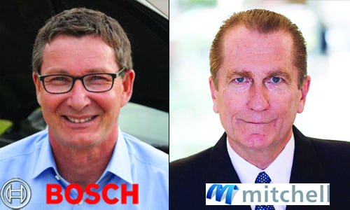 Left: Stefan Schmitt, Vice President of Engineering and Product Area Diagnostics at Bosch Automotive Service Solutions. Right: Jack Rozint, Vice President of Sales and Service at Mitchell International. Mitchell and Bosch have recently announced a collaboration on scanning technology.