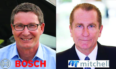 Left: Stefan Schmitt, Vice President of Engineering and Product Area Diagnostics at Bosch Automotive Service Solutions. Right: Jack Rozint, Vice President of Sales and Service at Mitchell International. Mitchell and Bosch have recently announced a collaboration on scanning technology.