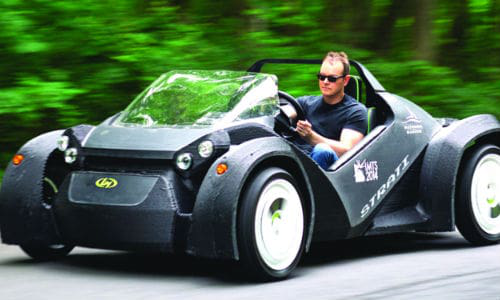 Local Motors&rsquo; 3-D printed car, Strati. It is electric and composed of just 50 parts. The complete body was printed out as a single part.