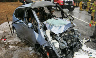 John Eagle Collision Center has been accused of using glue to repair the roof of the Honda Fit shown here, as opposed to welds, as called for by Honda’s repair procedures. Both of the vehicle occupants sustained injuries in the crash.