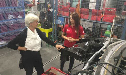 H&eacute;l&egrave;ne Laverdi&egrave;re, MP for Laurier&mdash;Sainte-Marie and Vyolaine Dujmovic, Canada&rsquo;s competitor in autobody at WorldSkills Abu Dhabi.