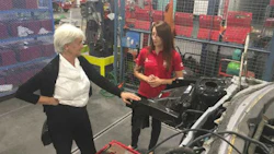 Hélène Laverdière, MP for Laurier—Sainte-Marie and Vyolaine Dujmovic, Canada’s competitor in autobody at WorldSkills Abu Dhabi.