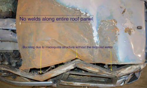 Part of the documentation provided by plaintiff consultant Neil Hannemann shows where, in his opinion, the failure of the roof of the Seebachans&rsquo; 2010 Honda Fit during a crash compromised the overall structure and collision energy management of the vehicle.