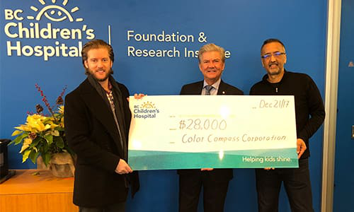 Pictured from left to right: Chris Neale, Director of Marketing; Rob Neale, President and C.O.O.; and Hitesh Kothary, Vice-President and Chief Financial Officer of the BC Children's Hospital Foundation. The group presents a cheque to the British Columbia Children&rsquo;s Foundation.