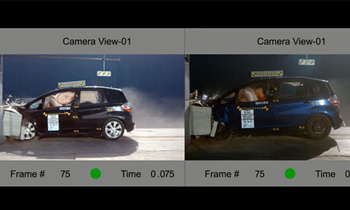 A 2013 blue Honda Fit with aftermarket parts, right, doesn&rsquo;t manage to blow its side-curtain airbag until about 11 milliseconds after the deployment on the control black 2010 Fit. (Screenshot from Karco video provided by Tracy Law Firm.)