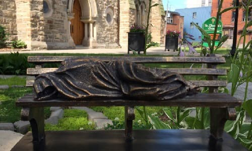 The well-known &ldquo;Homeless Jesus&rdquo; statue in Hamilton.