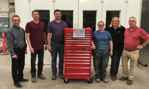 Left to right: Darryl Tomyn, Sutherland Automotive; Evan Bloomquist, instructor, SaskPolytech; Scott Kucharyshen, program head, SaskPolytech; Cindy Giesbrecht, grand prize winner; Cheryl Cotton-Schmidt, CARSTAR Saskatoon; Tom Bissonnette, president of SAAR.