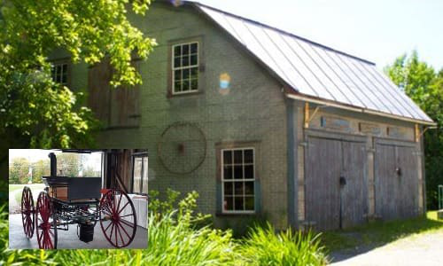 The Olde Blacksmith's Art Gallery in Stanstead, Quebec, with the 1867 Steam Buggy inset.