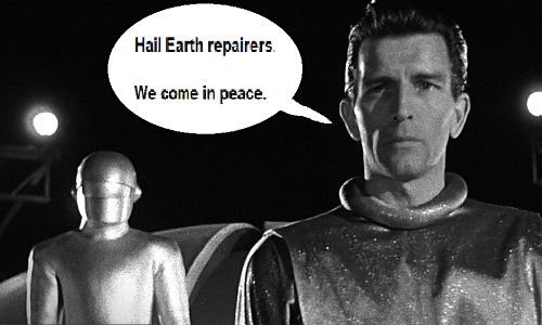 Klaatu and his robot introduce themselves to the Earthlings in 1951's 'The Day the Earth Stood Still.'