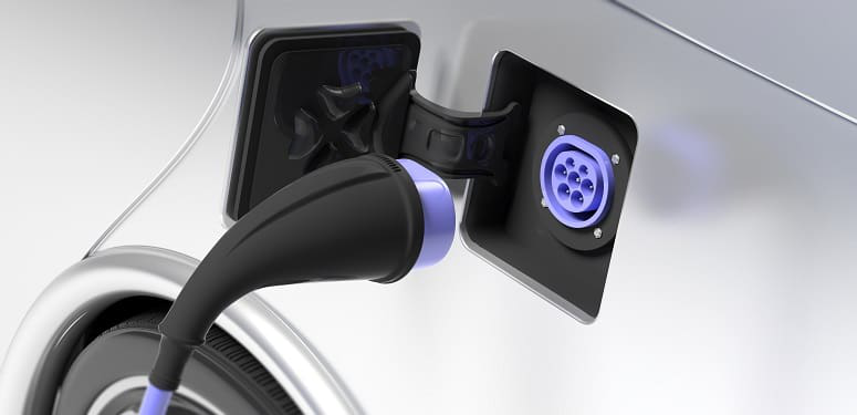 Electric car charger socket type 2 on white vehicle. 3d illustration