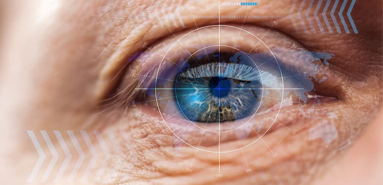 close up view of mature human eye with data illustration, robotic concept