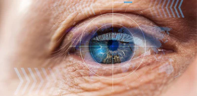 close up view of mature human eye with data illustration, robotic concept