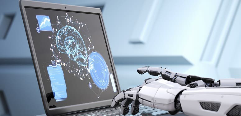 Robot&rsquo;s hands typing on keyboard