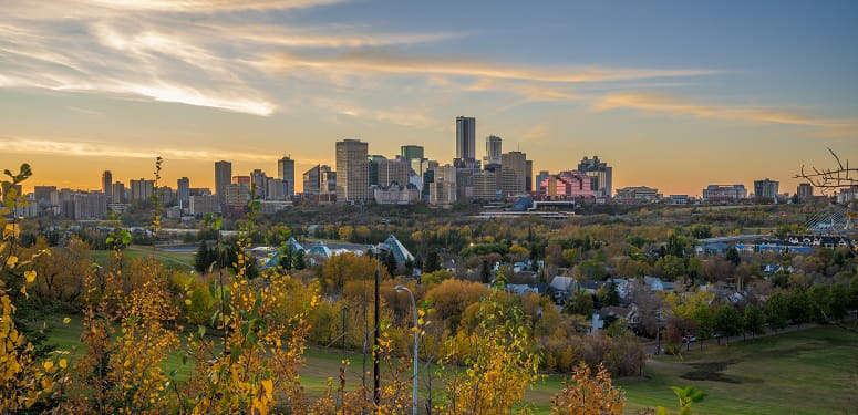 Mesmerizing view of a beautiful Edmonton Skyline at colorful sunset, Alberta, Canada