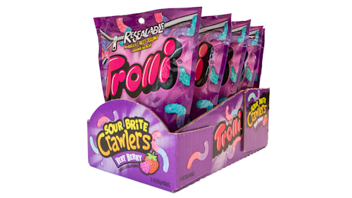 The Delkor Cabrio Case®, used here for Trolli candy, provides reliable product protection in transit and converts to a shelf-ready display without ragged edges.