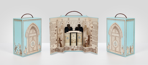 The 3D gift box is inspired by medieval traveling theaters, as well as the much-loved pop-up books from the winemaker's youth.