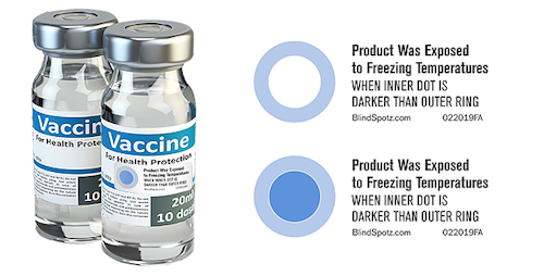BlindSpotz™ Freeze Alert Sensor: Freeze Alert can be printed on label, syringe or aluminum cap. The technology prints clear and then turns blue if the drug freezes at any time in supply chain.