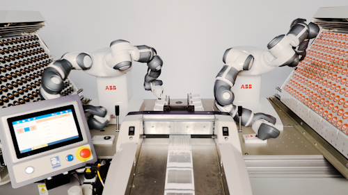 The new packaging system includes two dual-arm cobots that pick PopGrips from trays, insert them onto backer cards, and drop the cards into bags presented by an automated bagger.