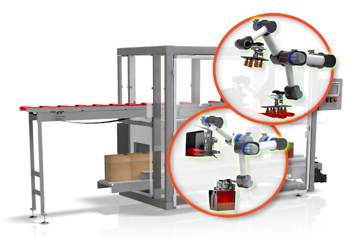 El robot SCARA en la empacadora de cajas de carga superior Douglas recopila bolsas y luego las inserta en una caja.