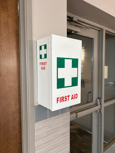 A first-aid station at the office is great. Make sure to bring a kit to every jobsite.