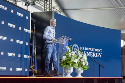 U.S. Secretary of Energy Chris Wright speaks at an event announcing a $100-billion investment on leased land at the Paducah Site.