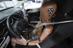 A THOR-5F female crash test dummy is shown in a drivers seat at Humanetics in Farmington Hills, Mich., Tuesday, June 10, 2025.